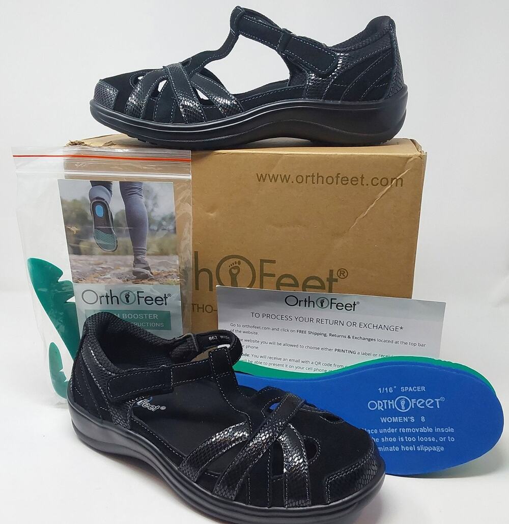 Orthofeet Shoes Womens Size 8 Black Sandal Juno Strappy Cushioned Comfort Wide